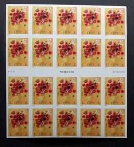 US Scott #3898a, 2005 37¢, Love Bouquet. Booklet pane of 20 Stamps. Excellent - Picture 1 of 3