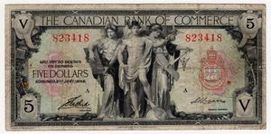 1935 CANADIAN BANK OF COMMERCE FIVE 5 DOLLAR BANKNOTE 823418 BILL CHARTERED CIBC - Picture 1 of 3