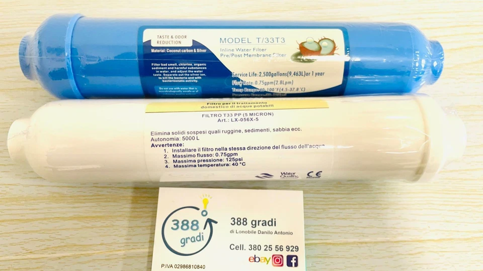 Filtri T33 carbone attivo + T33 PP depuratore purificatore acqua osmosi inversa