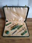 Ladies Vintage Manicure Set Green Plastic Faux Snakeskin Box With Catches