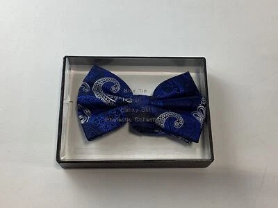 Cravatta uomo collezione fatastica blu scuro paisley fiocco con tasca quadrata NUOVA - Immagine 1 di 2