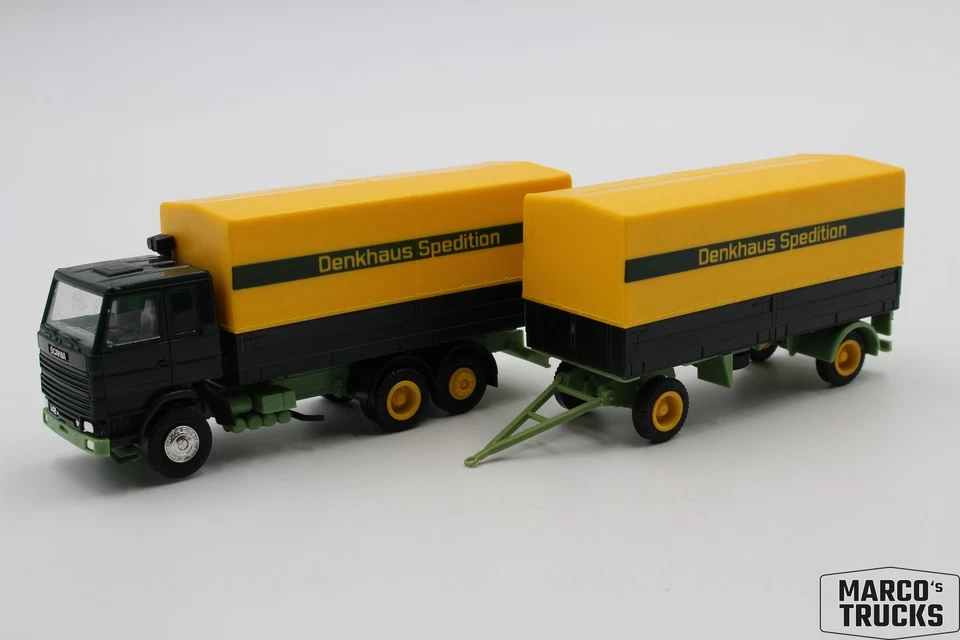 Herpa Scania 142 V8 trailer truck green/yellow "Denkhaus Spedition" 822001 1:87  - Image 1 of 1