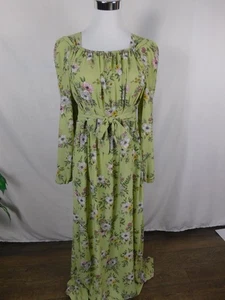 Sahra Fashion Dress Womens 56 Green Floral Maxi Long Sleeve Belted Square Neck - Picture 1 of 12