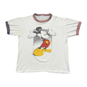 Vintage Mickey Mouse Shirt Mens Large White Ringer Disney Graphic 90s Distressed - Picture 1 of 7
