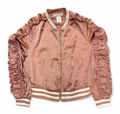 Women’s Pink Satin Bomber Jacket with Ruffle Sleeves Size Medium - Image 1 of 3