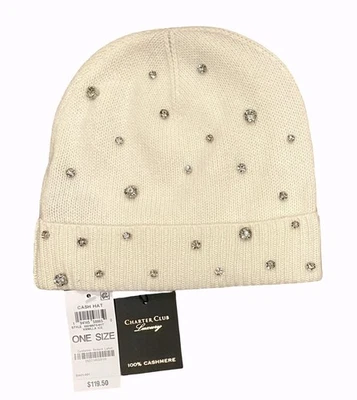 CHARTER CLUB GORRO DE CACHEMIR CRISTAL ADORNADO PUÑOS VAINILLA HIELO O/S NUEVO CON ETIQUETAS $119 Foto 1 de 4