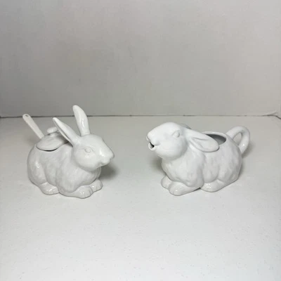 Pottery Barn White Bunny Rabbit Covered Sugar Bowl & Creamer Easter Woodland* - Image 1 of 4