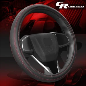Black Grain Leather w/ Red Double Stitch Style 14.5-15" Steering Wheel Cover - Picture 1 of 6