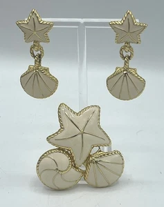 VTG Enamel cream Seashell Starfish Brooch With Dangle Earring Set - Picture 1 of 18