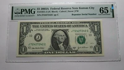 $1 2003A Repeater Serial Number Federal Reserve Currency Bank Note Bill UNC65EPQ - Image 1 of 3
