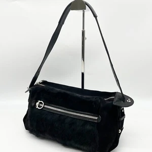 Salvatore Ferragamo Hobo Shoulder bag Handbag Black Leather Suede Fur Auth - Picture 1 of 24