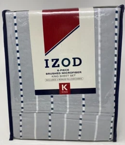 IZOD 6 PC BRUSHED MICROFIBER KING SHEET SET GREY NAVY BLUE WHITE SPERRY STRIPE - Picture 1 of 1