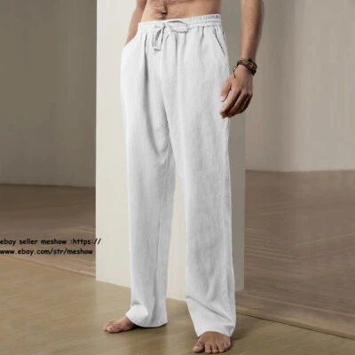 Mens Cotton Linen Loose Trousers Wide Leg Elastic Waist Casual Loose Pants S-3XL - Image 1 of 4