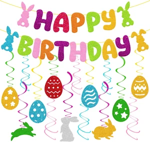 Easter'S Birthday Decorations Happy Birthday Banner Glitter Colorful Hanging Swi - Picture 1 of 12