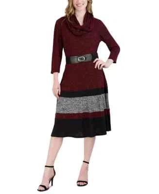 Robbie Bee Petite Belted Colorblocked Ribbed-Knit Dress L122011 Womens Size PM - Image 1 of 4