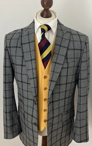 William Hunt Saville Row Grey Wool Mix Windowpane Check Tweed Jacket Blazer 40R - Picture 1 of 14
