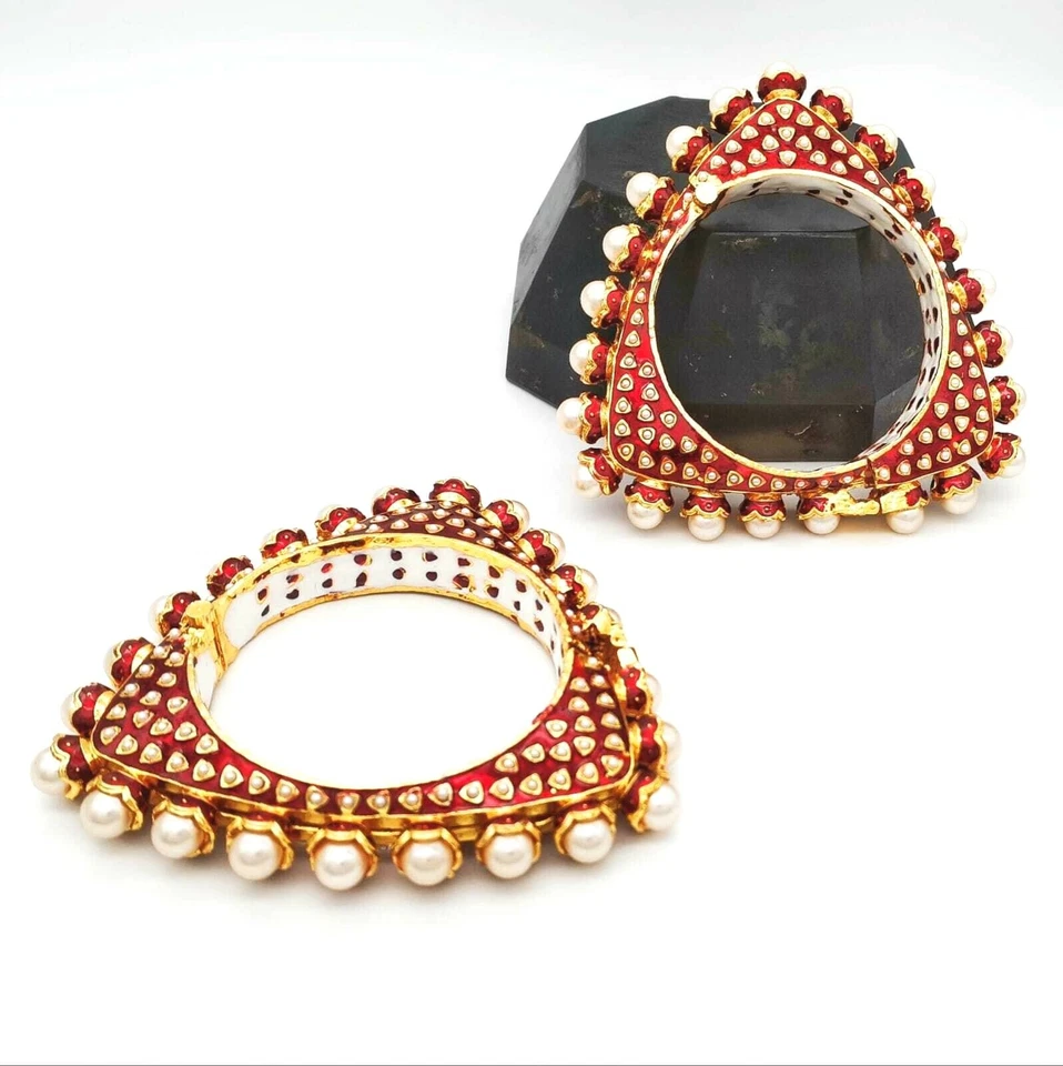 Brazaletes brazaletes abiertos Kundan chapados en oro indio Bollywood 2 piezas joyería Foto 1 de 1