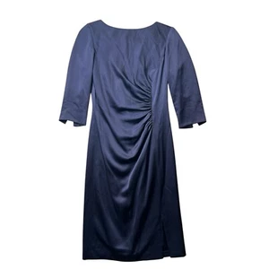 Melinda Eng Sheath Dress Blue Pleated Ruched Round Neck Half Sleeve Zip Womens 4 - Picture 1 of 11