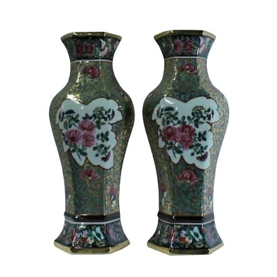 Pair Ceramic Golden Base Enamel Flower Half Hexagon Wall Vases cs5223 - Image 1 of 4
