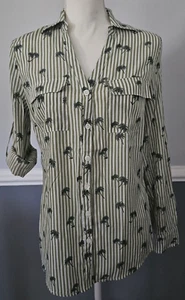 women's NEW YORK & CO v-neck BLOUSE palm tree STRIPED cuffed L/S poly RAYON sz S - Picture 1 of 9