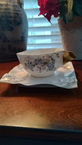 beautiful limoges cup and saucer blue and white flowers with gold accents - Picture 1 of 6
