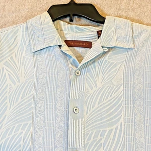 Tori Richard Hemd Herren mittelblau Seide Blattmuster Knopfleiste Hochzeit Hawaii - Bild 1 von 6