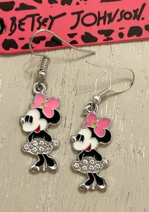 Betsey Johnson silberfarbene Emaille Strass Minnie Mouse Ohrhänger Neu mit Etikett - Bild 1 von 5
