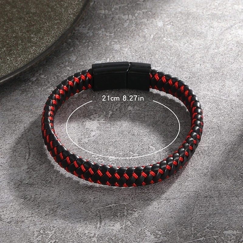 Brazalete trenzado de cuero genuino para hombre negro con cierre de acero inoxidable P Foto 1 de 4