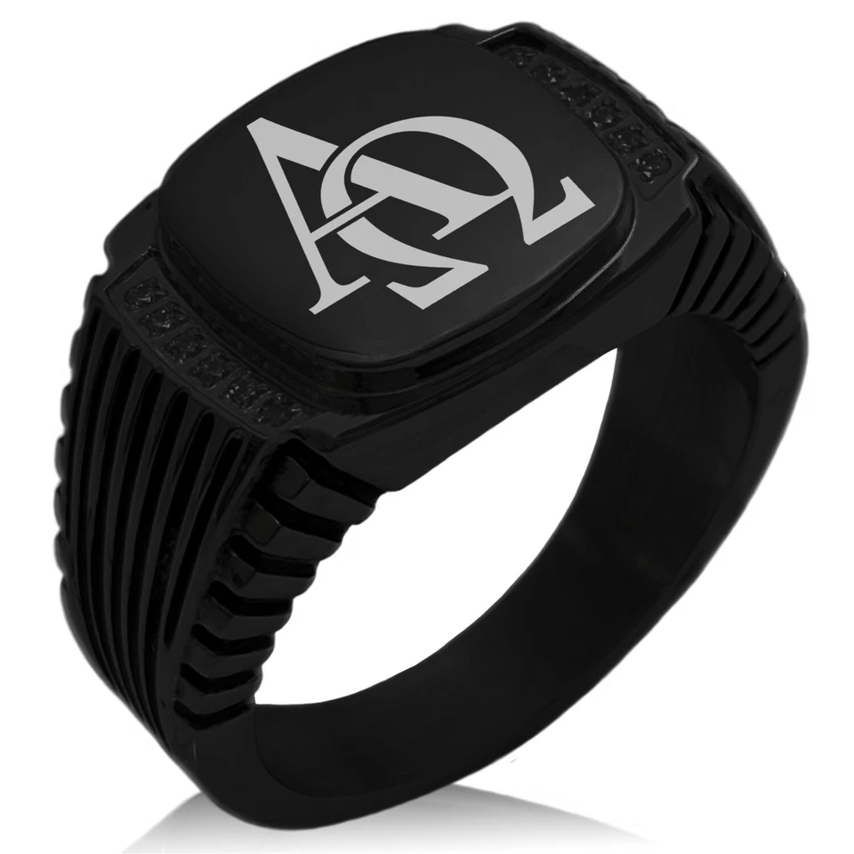 Stainless Steel Steel Alpha & Omega Symbol Striped CZ Biker Style Signet Ring - Image 1 of 1