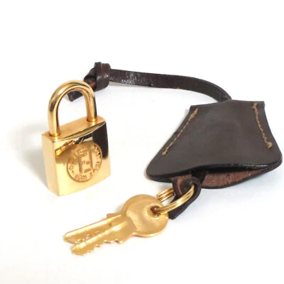 正品 Fendi Clochette 挂锁 Cadena 带 2 键套装金色金属棕色皮革 — 第 1/4 张图片