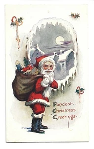 FONDEST CHRISTMAS GREETINGS,STANDING SANTA HOLDING A BAG OF TOYS -PM 1922 - Picture 1 of 1