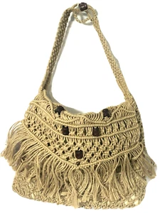Vintage 70s Cream Crochet Woven Boho Bohemian Bag Purse - Picture 1 of 5