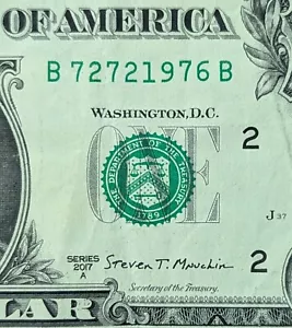 2017 $1 bill fancy serial, birthday date note July 02, 1976 (true bicentennial) - Picture 1 of 3