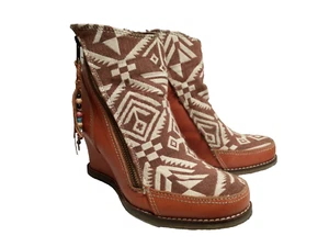 Buyamba Anthro Saddle  Brown Leather/Tapestry Front Side Zip Wedge Booties 8? - Picture 1 of 12