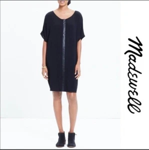 Madewell Leather Edged Easy Black Shirt Dress size S Kaftan Shift Cap Sleeve - Picture 1 of 11