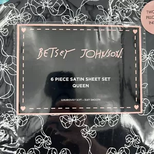 BETSEY JOHNSON Bows Satin Microfiber Black White QUEEN 6pc Sheet Set NEW Bonus - Picture 1 of 10