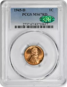 1945-D Lincoln Cent MS67RD PCGS (CAC) - Picture 1 of 2