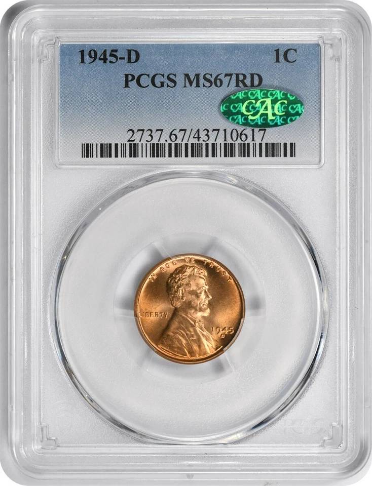 1945-D Lincoln Cent MS67RD PCGS (CAC) - Image 1 of 2