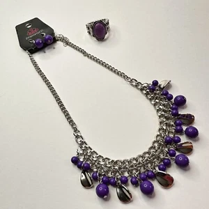 Conjunto de Joyas Paparazzi Collar Pendientes Anillo Plata Púrpura Retro Urbano Elegante - Imagen 1 de 14