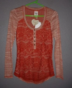SELF ESTEEM LONG SLEEVE SHIRT RUST LACE HENLEY TOP JUNIORS SMALL NWT NEW - Picture 1 of 9