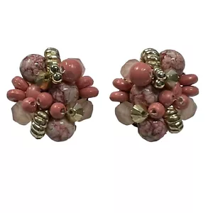 Vintage Clip On Earrings Lucite Pink Stones Metal Bead Accent - Picture 1 of 9