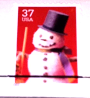 Vacaciones de Navidad 2002 - Muñeco de nieve con sombrero de copa - Réplica de estampillas doradas - VER ABAJO Foto 1 de 4