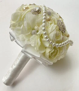 Handmade Wedding Bouquet White Light Green Pearl Artificial Flower Bling Bridal - Picture 1 of 8