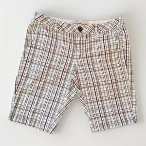 Aeropostale Juniors Plaid Bermuda Shorts 100% Cotton Size 9/10 White Teal Brown - Picture 1 of 4