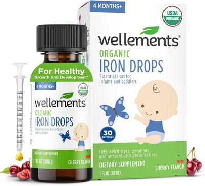 Gotas de hierro orgánicas para recién nacidos + bebés (1 fl oz) - Sup de hierro líquido con sabor a cereza Foto 1 de 4