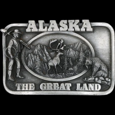 Alaska State AK Prospector Gold Rush Moose Bear Denali Mountain Vtg Belt Buckle - Image 1 of 3