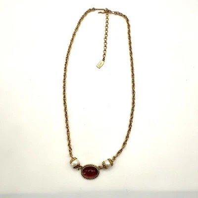 1928 Jewelry Gold Tone Necklace Red Cabochon Faux Pearl Adjustable Chain Signed - Image 1 of 4