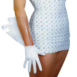 White Plastic CLEAR GLOVES Puff Sleeves Faux Leather 38cm Long PVC Transparent - Foto 1 di 12