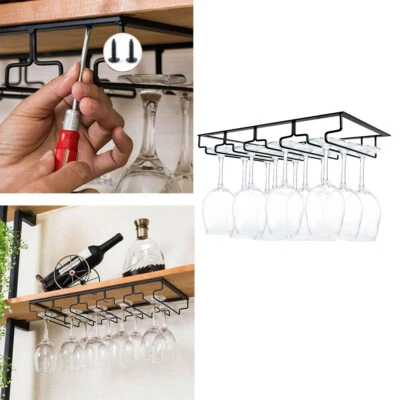 Modern Under Shelf Cupboard Hanging Metal Wine Glasses Rack Stemware Holder Bar - Image 1 of 4