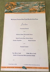 1939 New York World's Fair MENU New York Central Railroad MICHIGAN FARMERS TOUR - Picture 1 of 4
